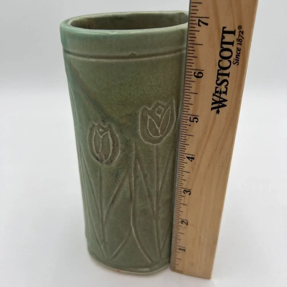 Tulip green studio pottery Asian inspired stamp signed spring vase